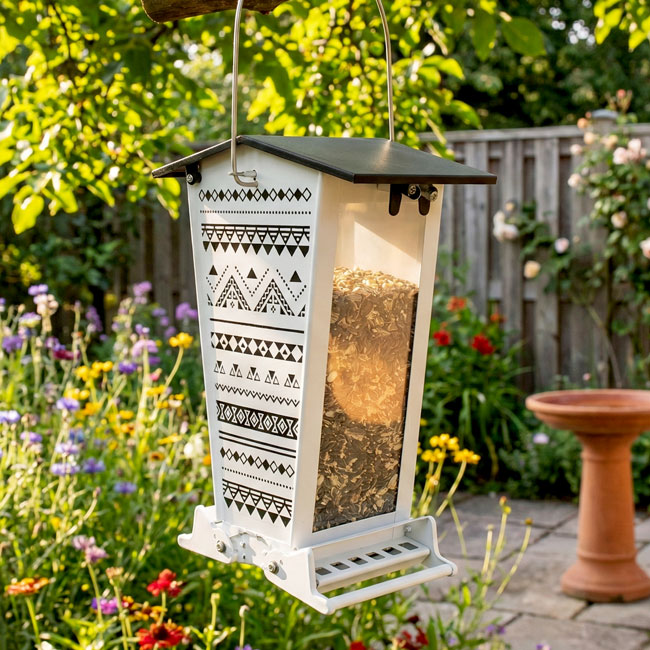 Decorative squirrel resistant bird feeder with bohemian print design