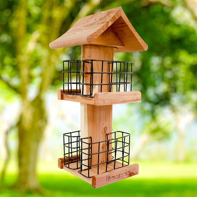 Amish Made Cedar Quad Suet Feeder Tower – 4 Cake Bird Feeder