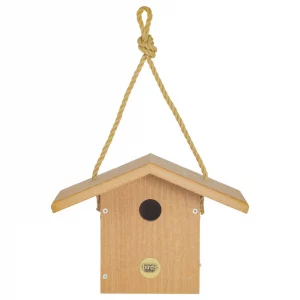 Modern farmhouse wren house made from recycled poly lumber in natural teak finish