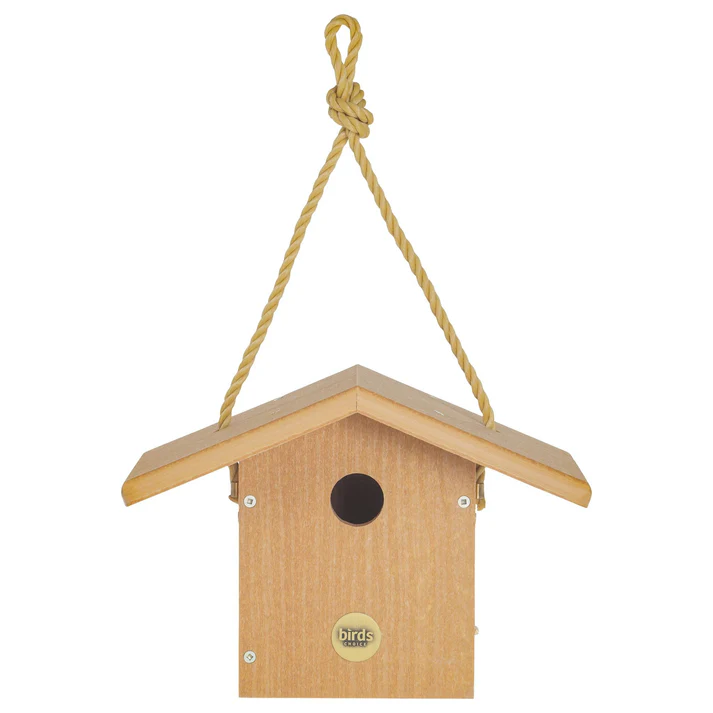 Modern farmhouse wren house made from recycled poly lumber in natural teak finish