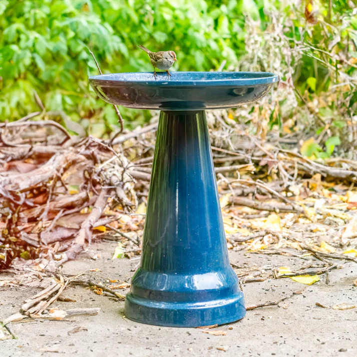 Ohio Stoneware Summer Blue Bird Bath – USA Made Glazed Clay Pedestal Bird Bath - Image 3