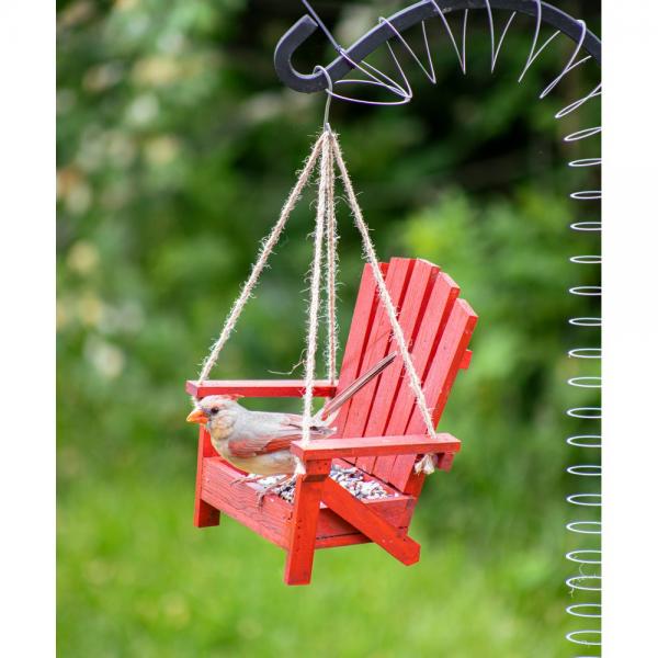 Red Adirondack Chair Bird Feeder | Decorative Wooden Hanging Bird Feeder with Steel Mesh Seed Tray - Image 2