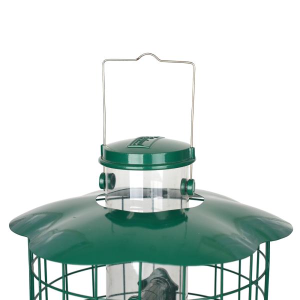 Top view of Squirrel Defeater caged bird feeder with weather-resistant roof