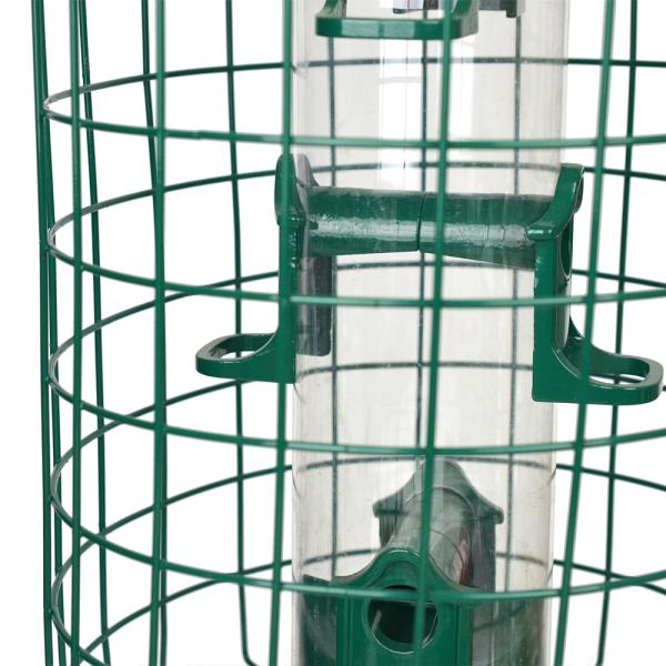 Close-up of protective steel cage on Squirrel Defeater tube bird feeder
