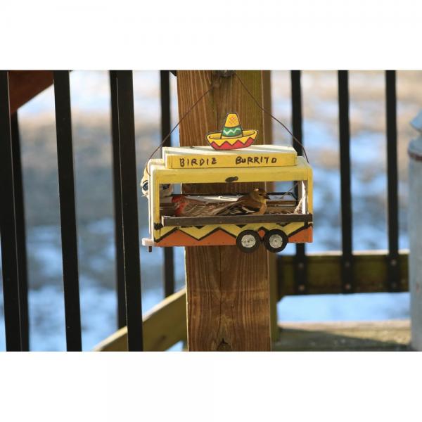 Birdie Burrito Food Truck Bird Feeder hanging outdoors attracting backyard birds