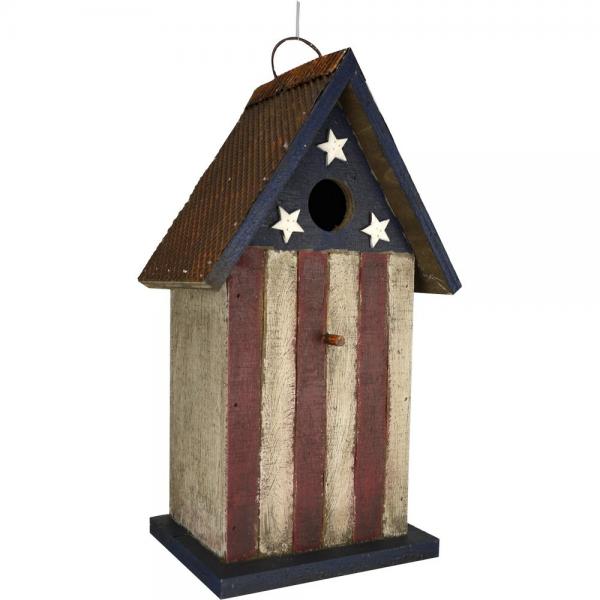 Americana Bird House patriotic decorative wooden hanging birdhouse with clean-out access for backyard songbirds