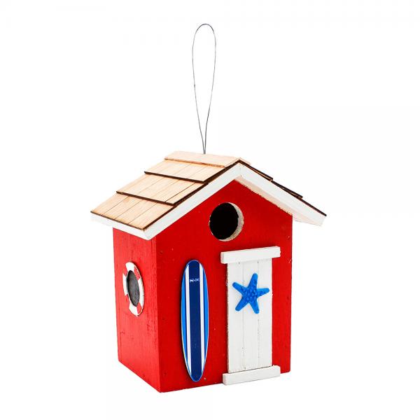 Red Coastal Cabana Bird House decorative hanging beach cottage birdhouse for backyard songbirds
