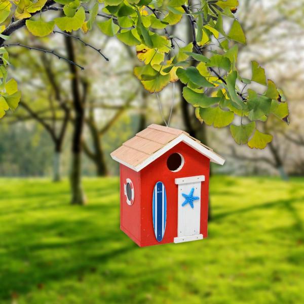 Red Coastal Cabana Bird House | Decorative Hanging Beach Cottage Birdhouse with Clean-Out Access - Image 3