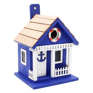 Navy Coastal Cabana Birdhouse decorative hanging beach cottage bird house for backyard songbirds