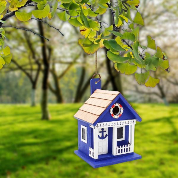 Navy Coastal Cabana Birdhouse | Decorative Hanging Beach Cottage Bird House for Backyard Birds - Image 3