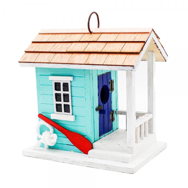 Teal Coastal Cabana Birdhouse decorative wooden hanging bird house with beach cottage design for backyard songbirds