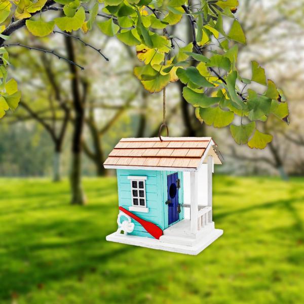 Teal Coastal Cabana Birdhouse | Decorative Beach Style Hanging Wooden Bird House - Image 3