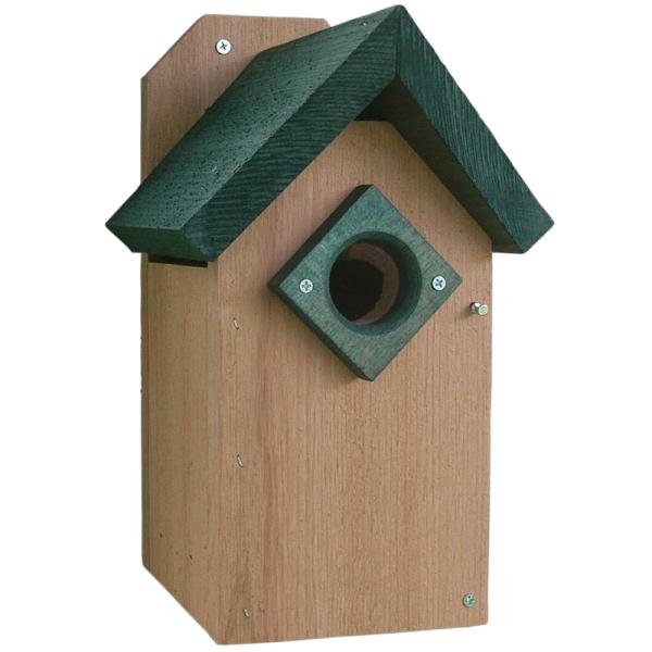 Western Red Cedar Bluebird House with green roof and predator guard mounted on a tree for nesting bluebirds