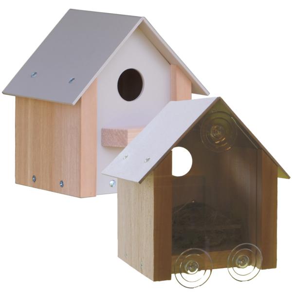 Window Bird House with clear viewing panel and suction cups mounted on a home window for bird nesting observation