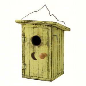 Yellow Birdie Loo Bird House rustic outhouse hanging wooden birdhouse for backyard birds