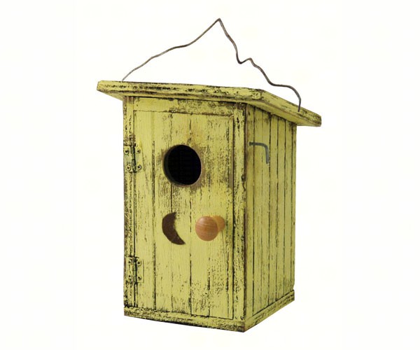 Yellow Birdie Loo Bird House rustic outhouse hanging wooden birdhouse for backyard birds