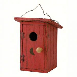 Red Birdie Loo Bird House rustic outhouse hanging wooden birdhouse for backyard birds