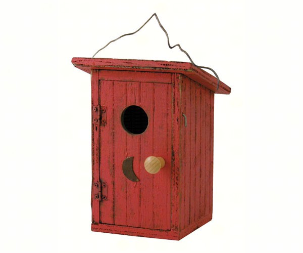 Red Birdie Loo Bird House rustic outhouse hanging wooden birdhouse for backyard birds