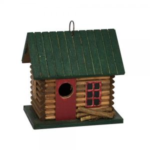 Rustic Settler Bird House log cabin wooden birdhouse hanging outdoors for backyard birds