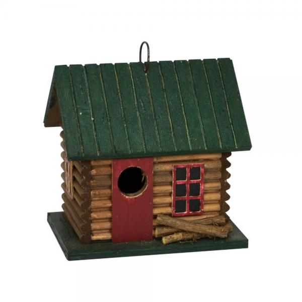 Rustic Settler Bird House log cabin wooden birdhouse hanging outdoors for backyard birds