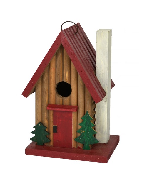 Rustic mountain cabin wooden bird house hanging outdoors for backyard birds