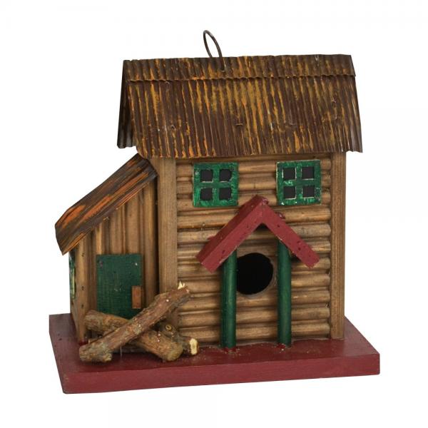 Two-story rustic wooden cabin bird house hanging for backyard birds