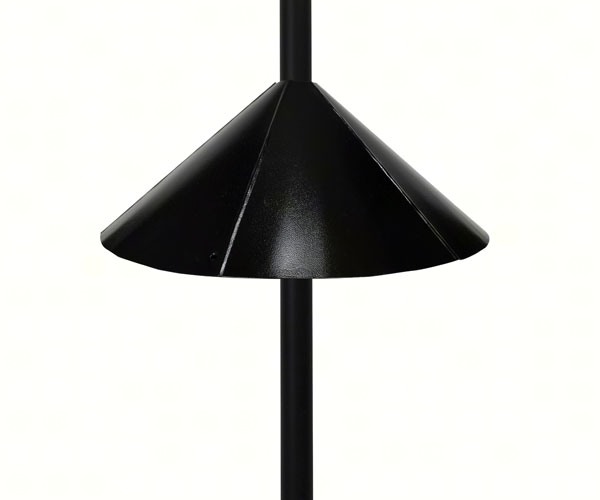 Squirrel Defeater Super Snap-On Pole Baffle installed below a backyard bird feeder