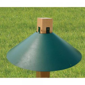 Green 22-inch metal 4x4 post mount squirrel baffle installed below a bird feeder