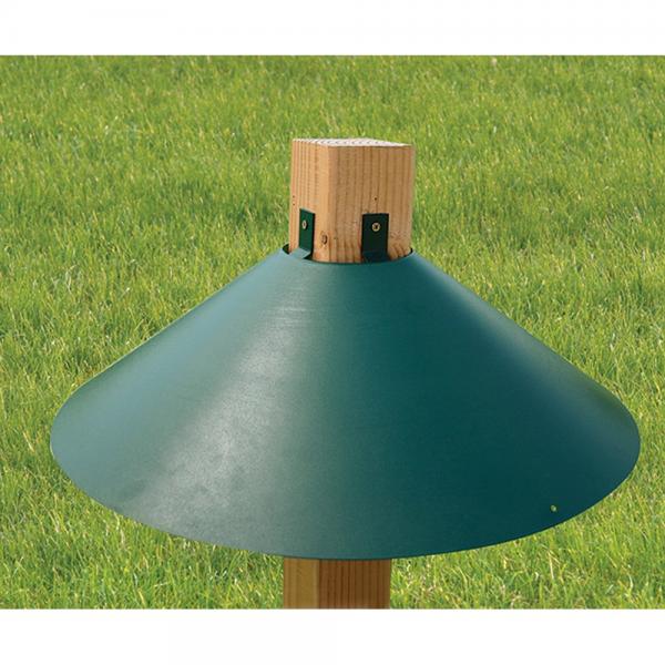 Green 22-inch metal 4x4 post mount squirrel baffle installed below a bird feeder