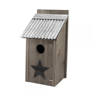 Rustic farmhouse bluebird house with galvanized metal roof and decorative star