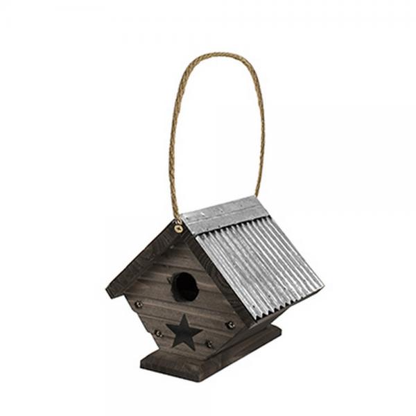 Rustic farmhouse wooden wren house with galvanized metal roof and hanging jute rope