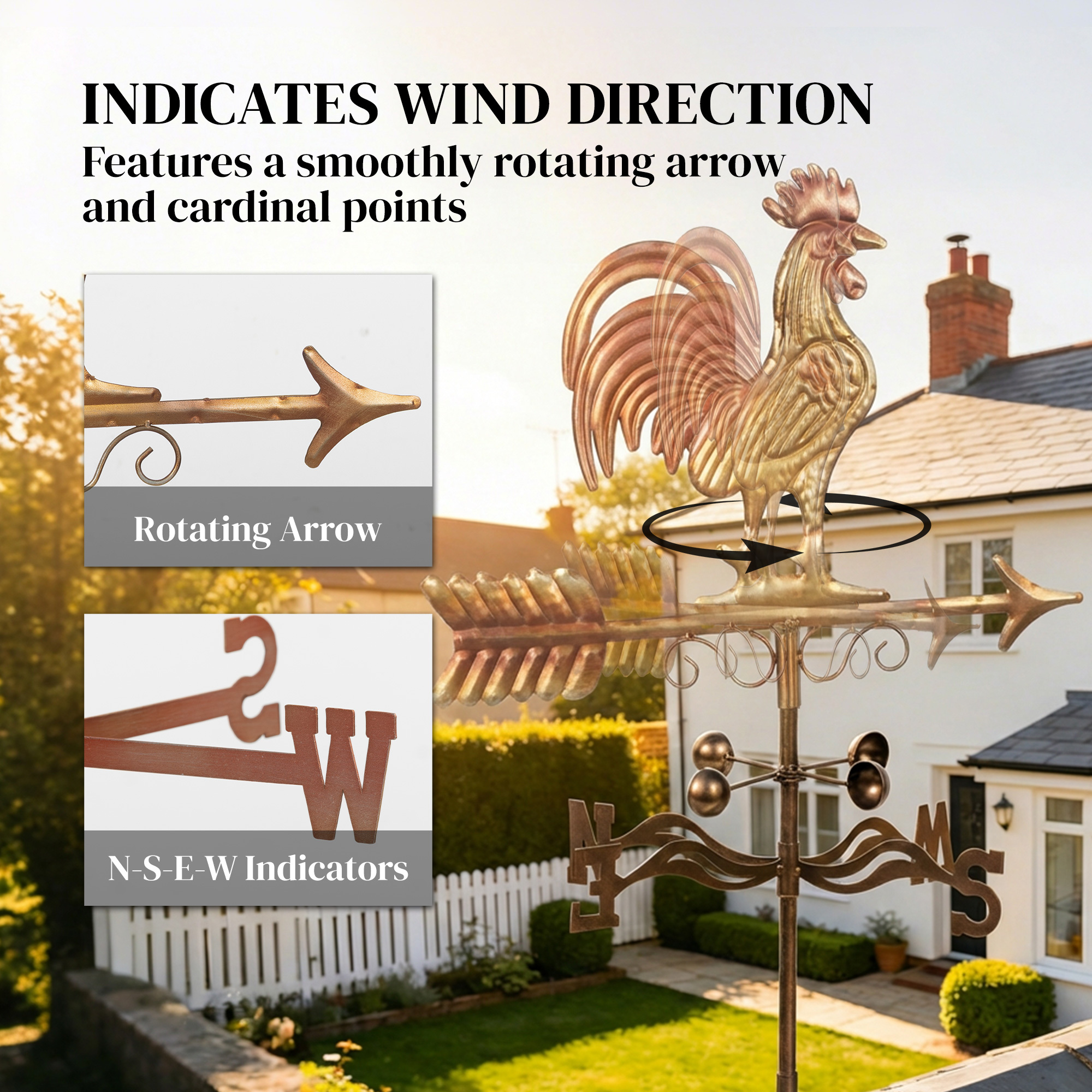 Rustic metal rooster weathervane with red and brown finish and directional arrow in a garden patio - view 7