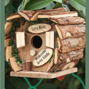 Rustic New Zealand pine hanging birdhouse with Love Birds design