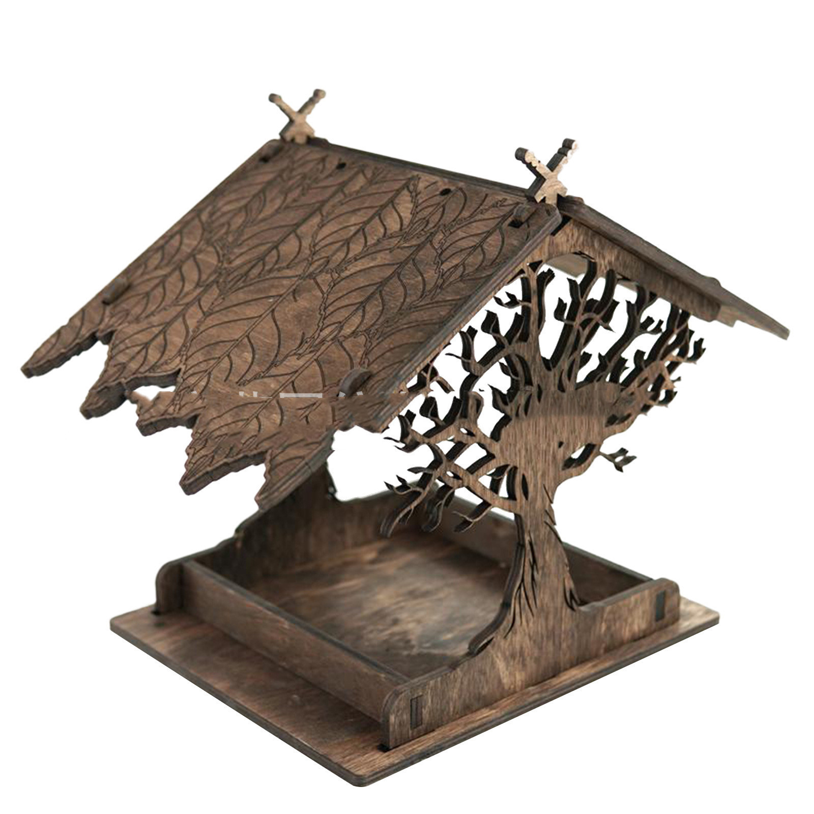 Decorative wooden tree bird feeder with cut-out woodland tree silhouettes and peaked roof in dark carbonized wood - view 3