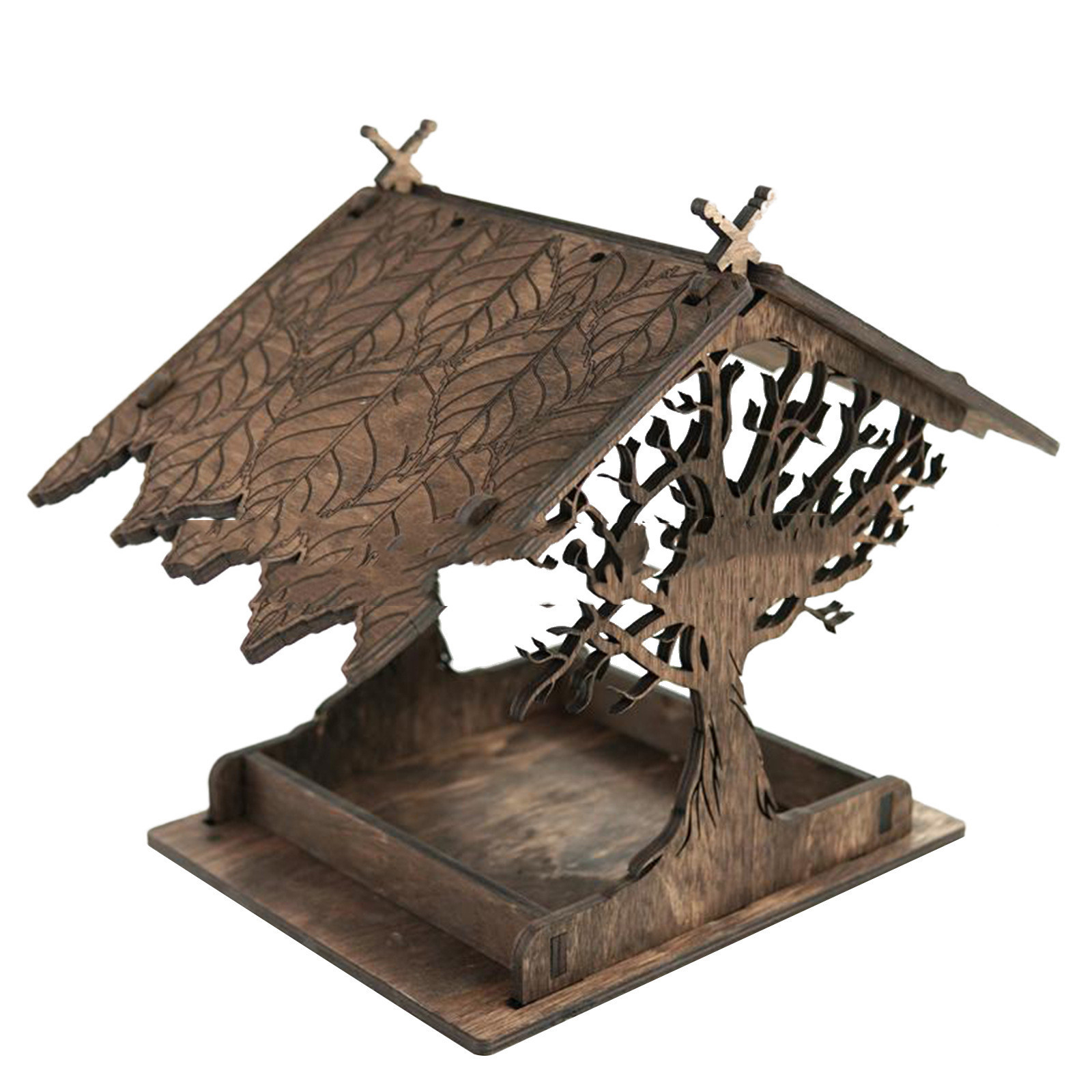 Decorative wooden tree bird feeder with cut-out woodland tree silhouettes and peaked roof in dark carbonized wood - view 4
