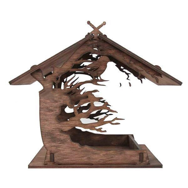 Decorative wooden tree bird feeder with cut-out woodland tree silhouettes and peaked roof in dark carbonized wood - view 5