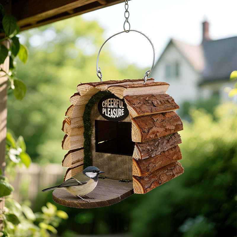 Rustic hanging wooden log cabin birdhouse with bark textures, covered front opening and metal hanging loop, bird perched - view 3
