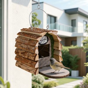 Rustic hanging wooden log cabin birdhouse