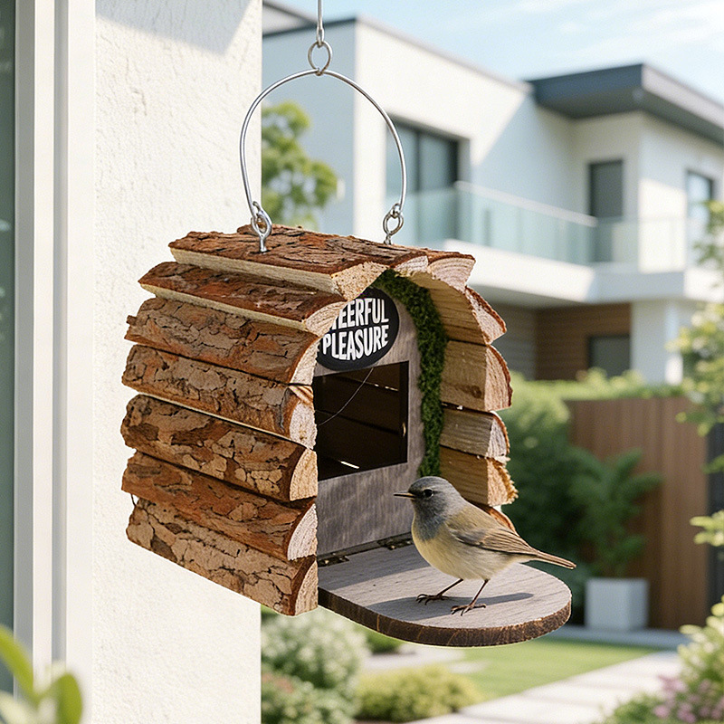 Rustic hanging wooden log cabin birdhouse