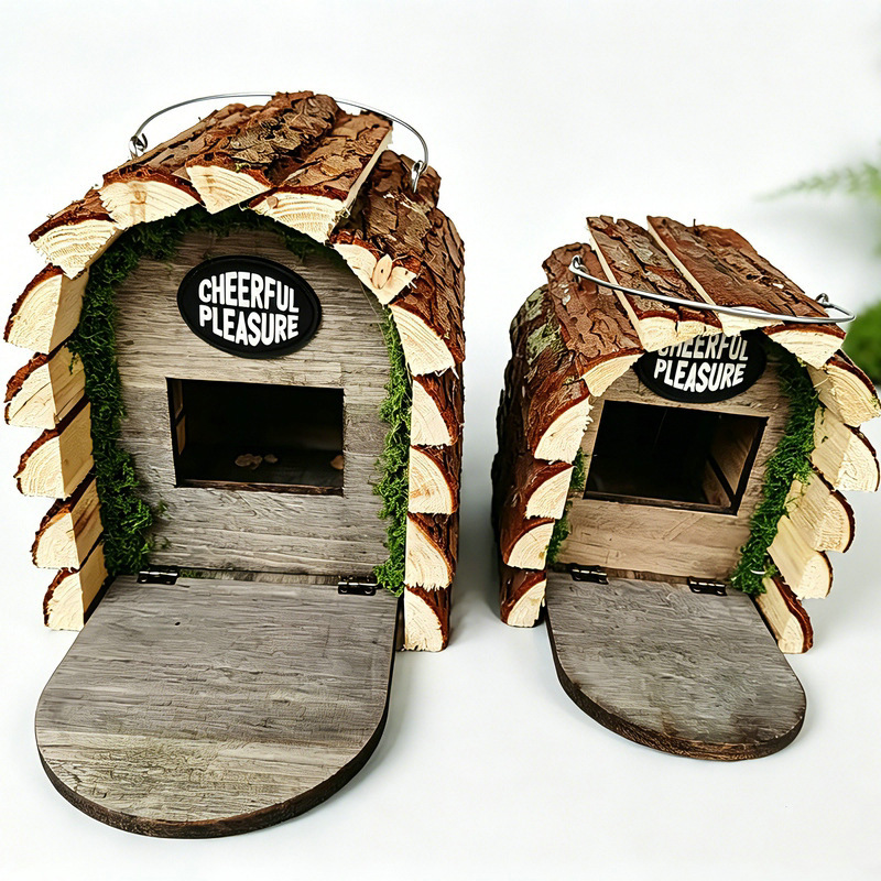 Rustic hanging wooden log cabin birdhouse with bark textures, covered front opening and metal hanging loop, bird perched - view 2