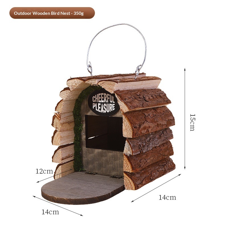 Rustic hanging wooden log cabin birdhouse with bark textures, covered front opening and metal hanging loop, bird perched - view 5