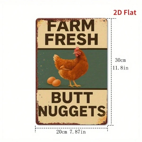 Farm Fresh Butt Nuggets vintage metal chicken sign with hen and eggs on a distressed green background - view 2