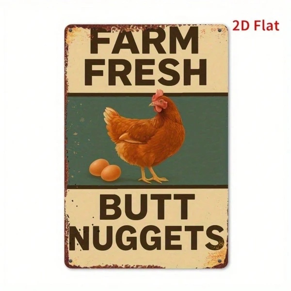 Farm Fresh Butt Nuggets vintage metal chicken sign with hen and eggs on a distressed green background - view 5