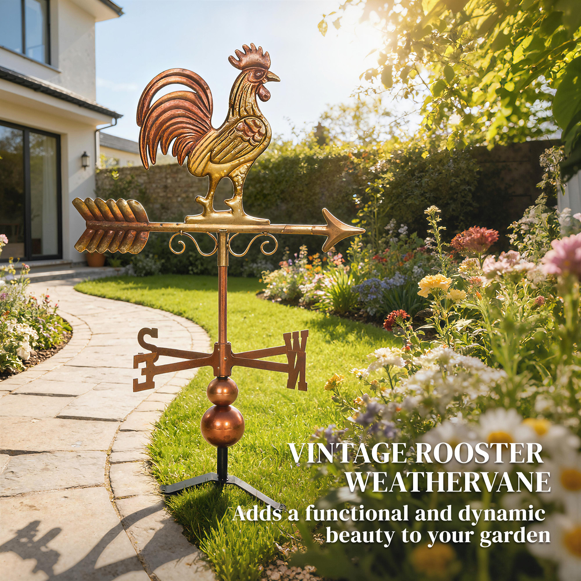 Rustic metal rooster weathervane with red and brown finish and directional arrow in a garden patio - view 5
