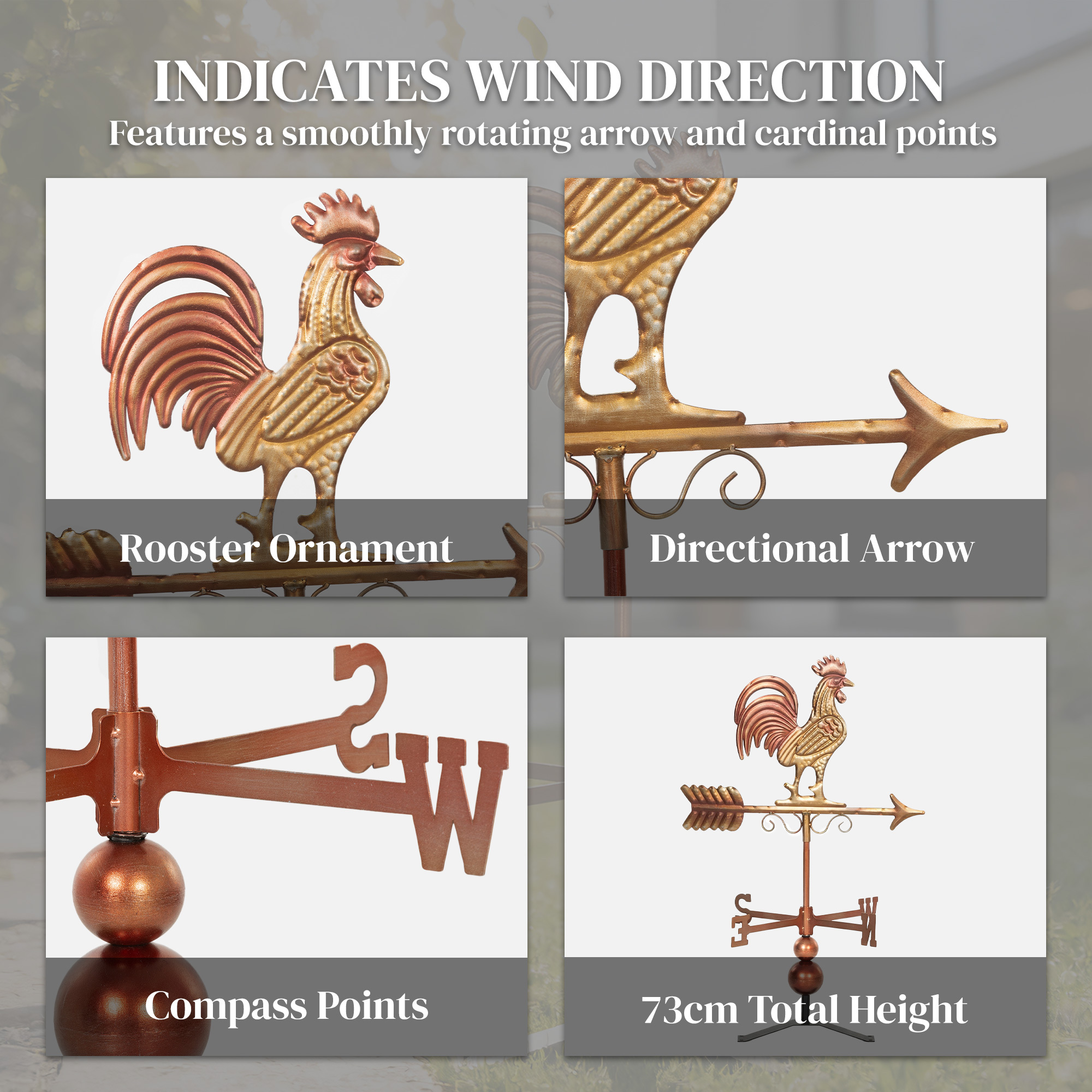Rustic metal rooster weathervane with red and brown finish and directional arrow in a garden patio - view 8