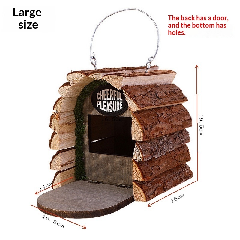 Rustic hanging wooden log cabin birdhouse with bark textures, covered front opening and metal hanging loop, bird perched - view 6
