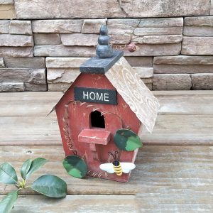 Rustic painted wooden hanging birdhouse with garden design