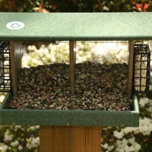 SE Rubicon large double hopper bird feeder in hunter green and driftwood recycled plastic with two suet cages