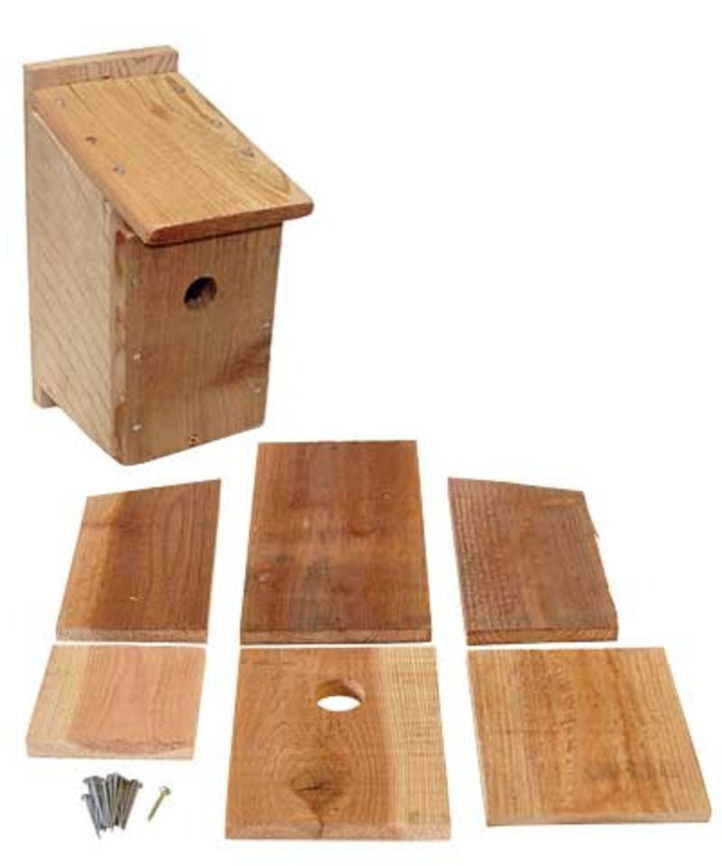 Songbird Essentials DIY cedar bluebird house kit showing assembled house and precut panels with hardware