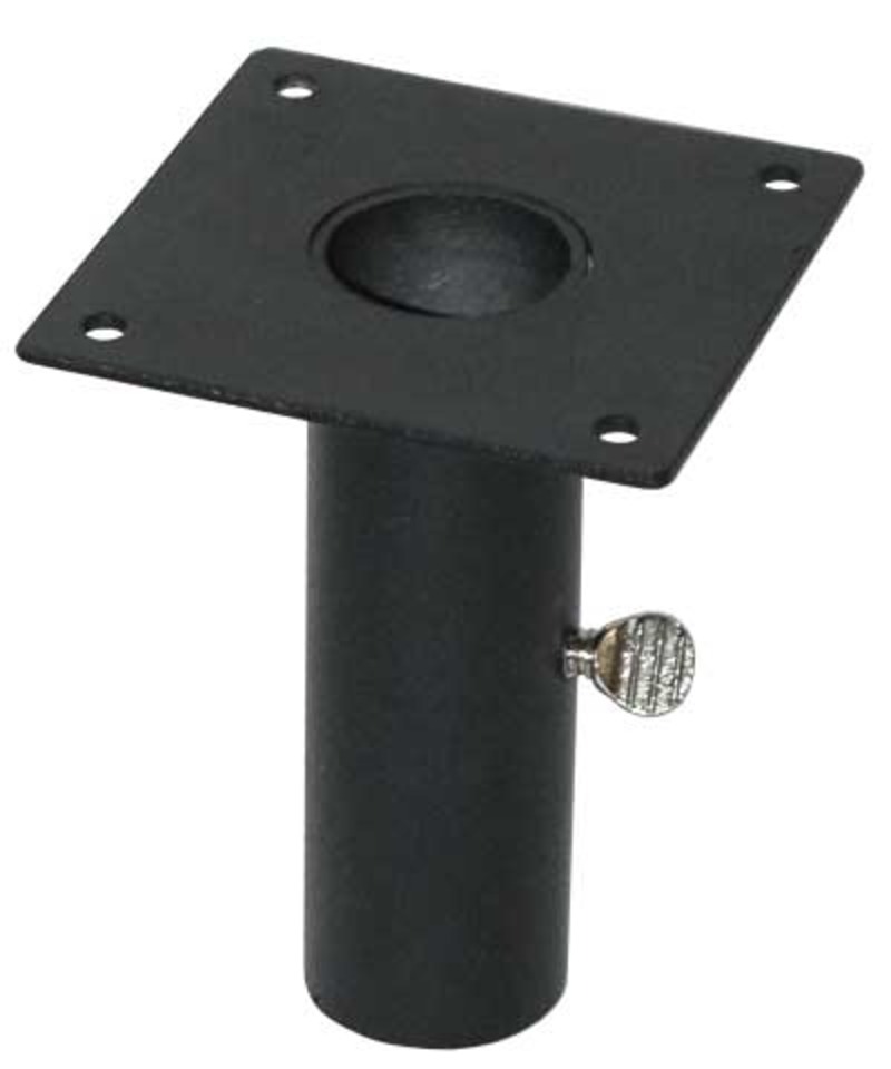 Woodlink black steel bird feeder pole mount collar with square plate, corner holes and thumbscrew